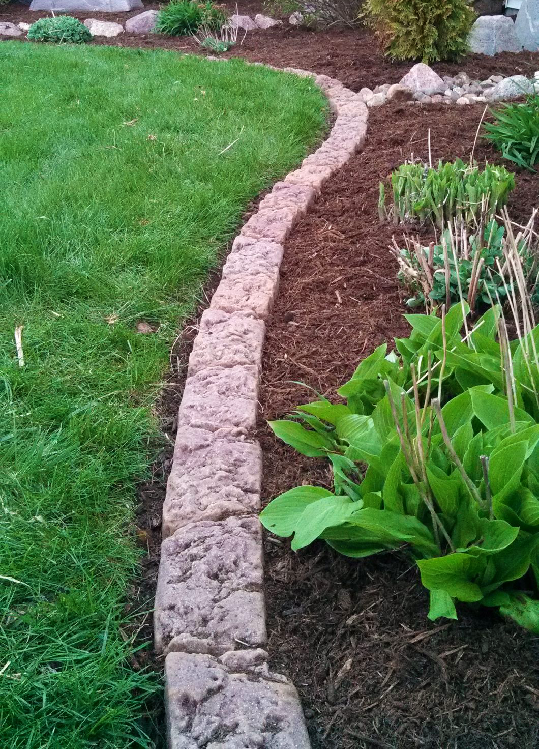 Curved row of beige stone edging separating green lawn from mulched flower bed in a garden.